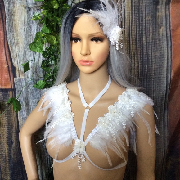 🎀 2PC WHITE FEATHER BRIDE WEDDING BOHO FRINGE BOHO FESTIVAL HAIR CLIP BRA COVER - Picture 6 of 6